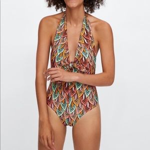 NEW Zara Low Back Leaf print halter neck swimsuit